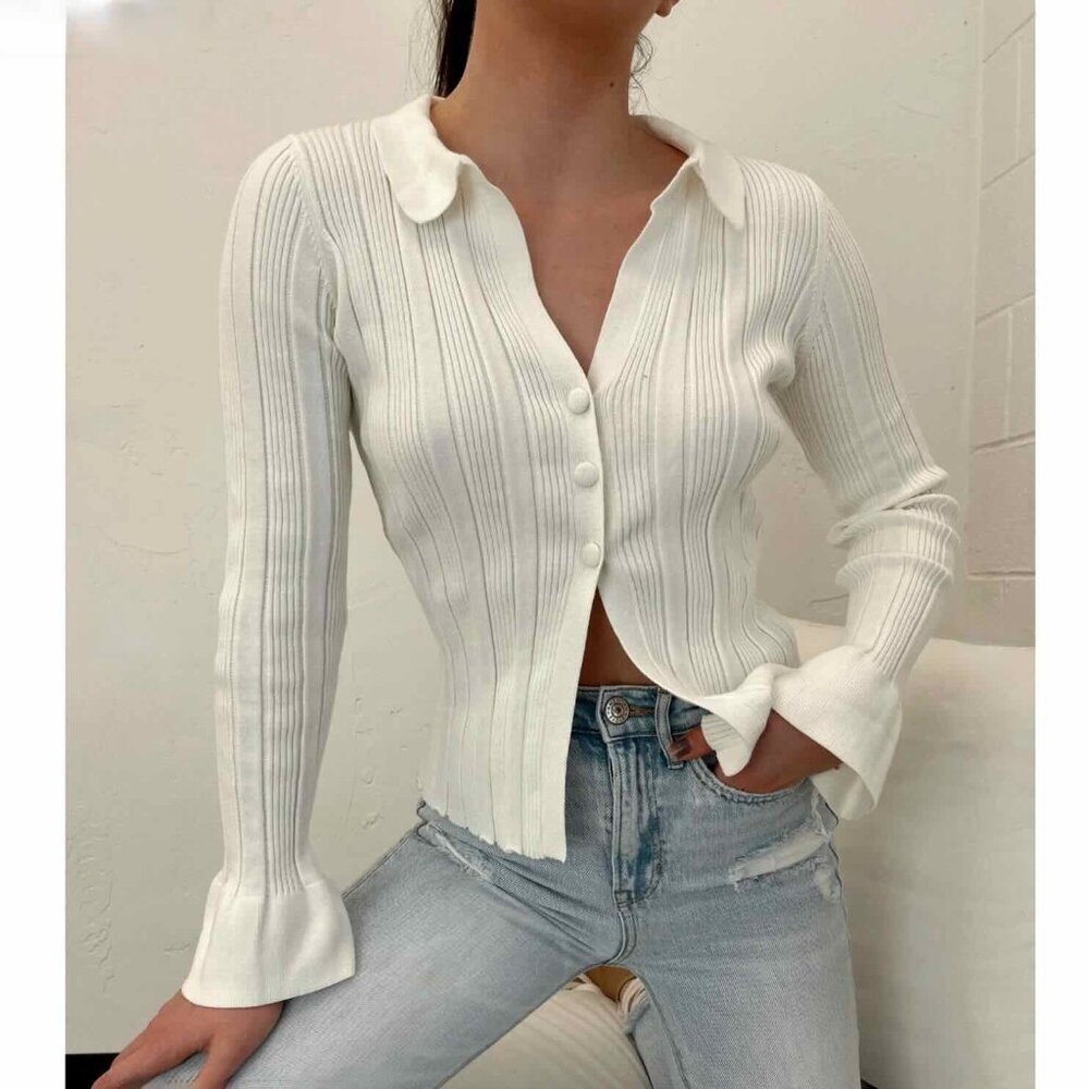 BaeVely Anthropologie White Sweater Womens Med Long Sleeve Button Collar Boho